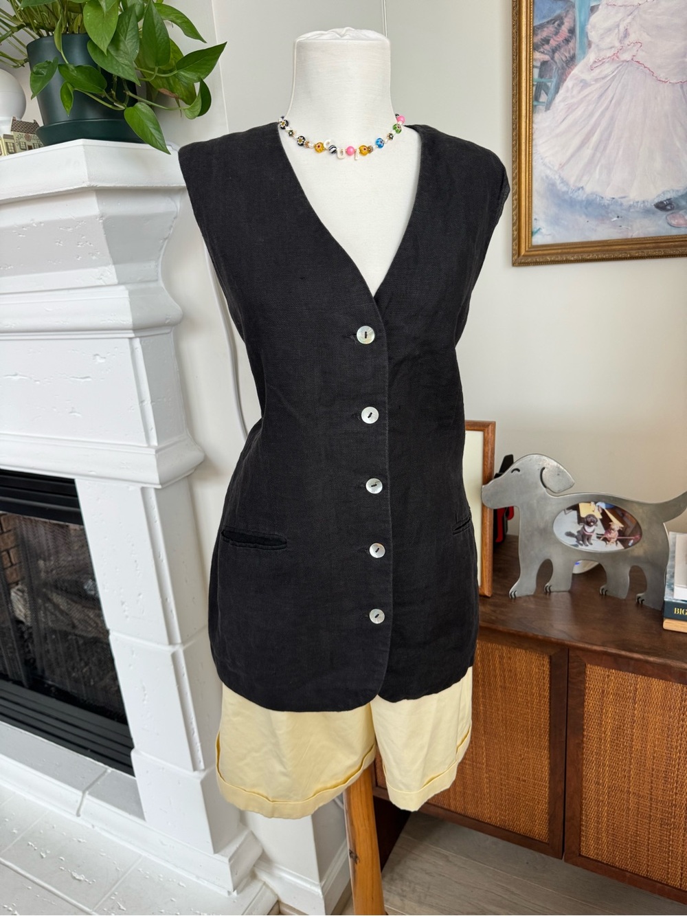 Vintage 100% Linen Black Button-Front Vest